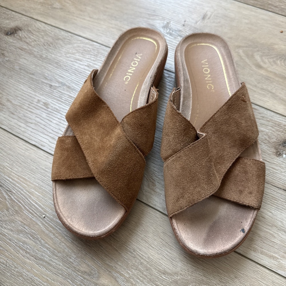 Vionic Womens Hayden Slide Sandals 8.5M Brown Toffee Suede Straps Platform - Picture 2 of 6